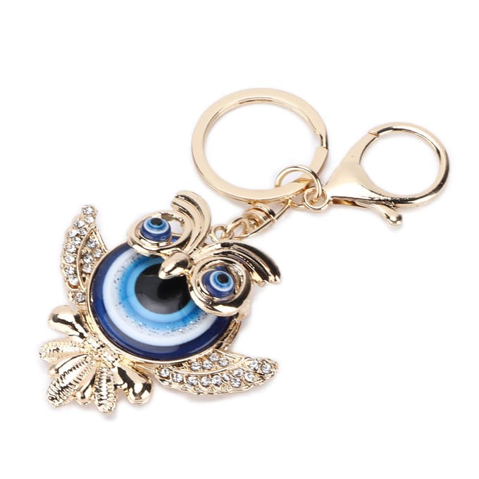 Strass Sleutelhanger Mode Sieraden Tas Portemonnee Accessoires met Uil Blauw Turks Boze Oog Hanger beige