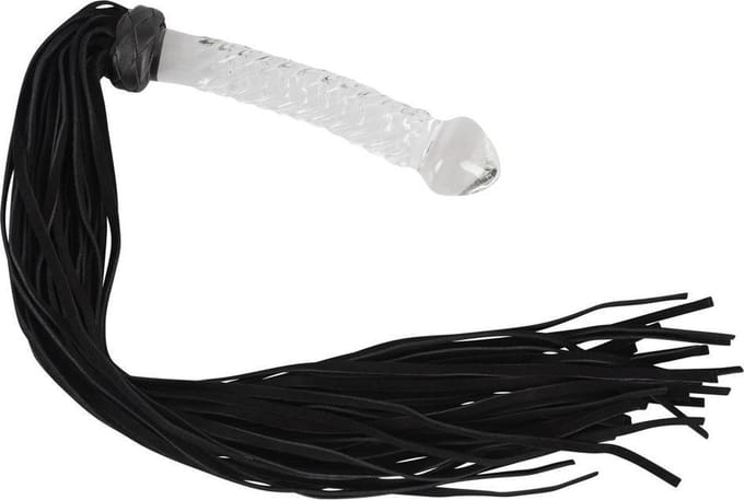 Bad Kitty – 64 cm Suède Flogger Zweep met Glazen Plug als Handvat - Zwart