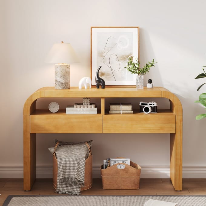 Consoletafel - Laden en Gebogen Front - Verstelbare Voetjes - MDF - Naturel