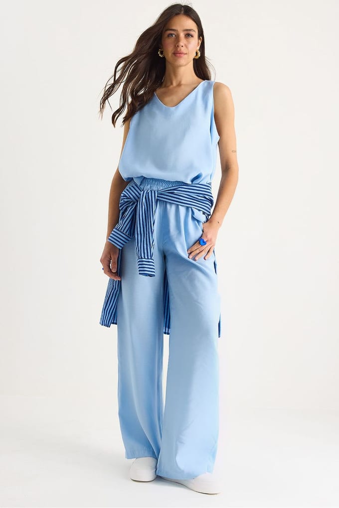 V-hals Katoenen Blouse-Broek Twee-Piece Set