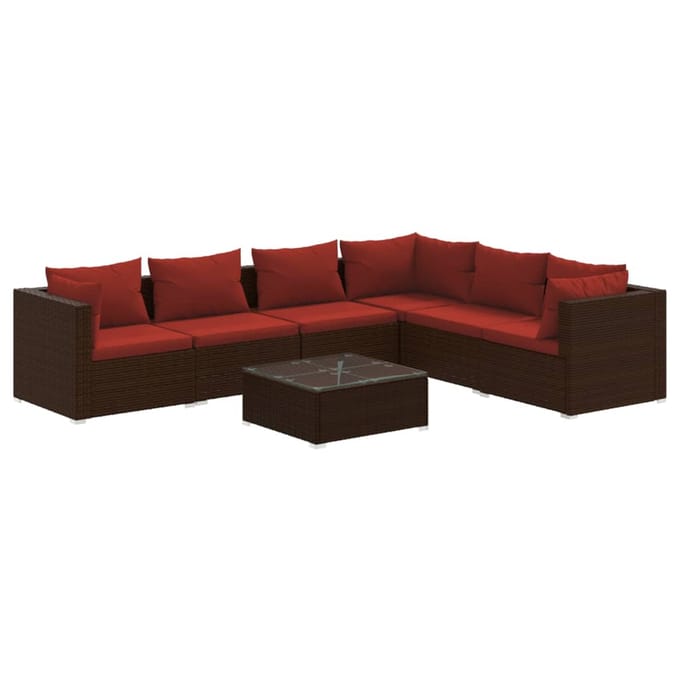 vidaXL - 7-delige - Loungeset - met - kussens - poly - rattan - bruin