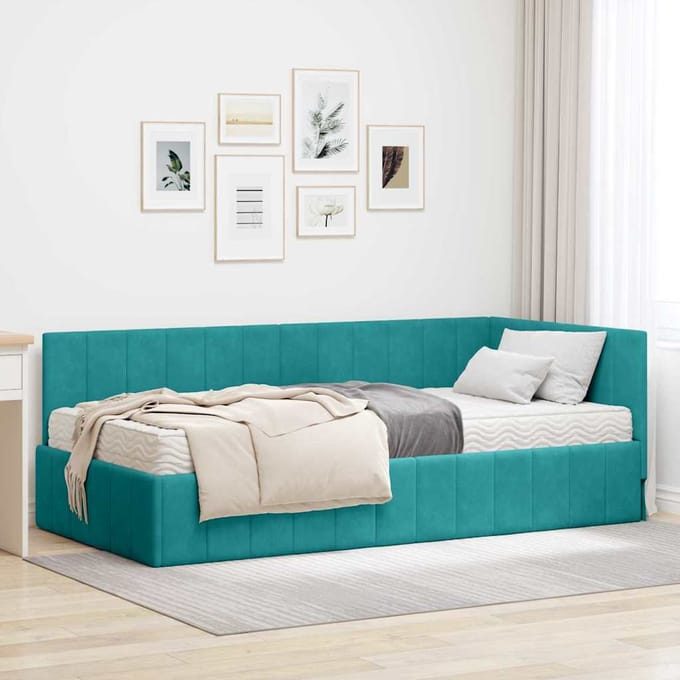 vidaXL - Hoekbedframe - met - Matras - met - hoofdeinde - 2 - st - Turquoise - Fluweel