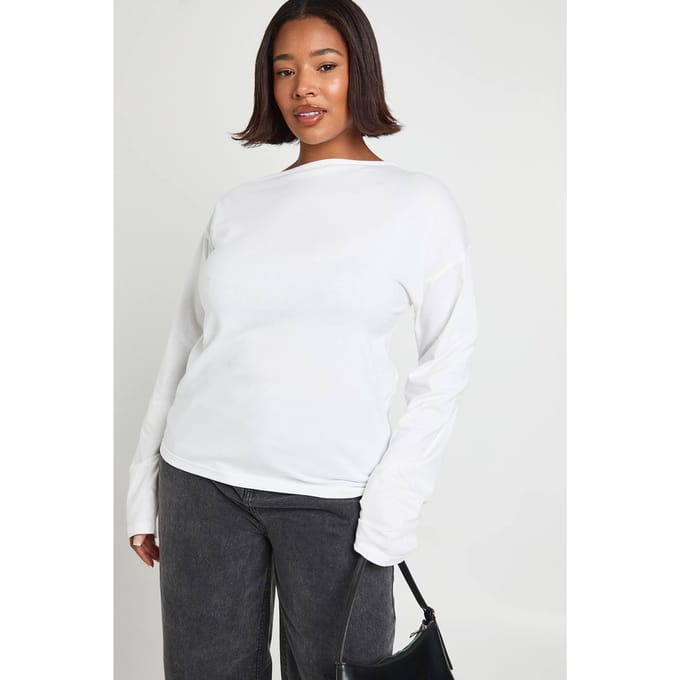 boohoo Dames Plus Off-Shoulder Geraffelde Gespleten Zoom Top | Wit | Maat: 48