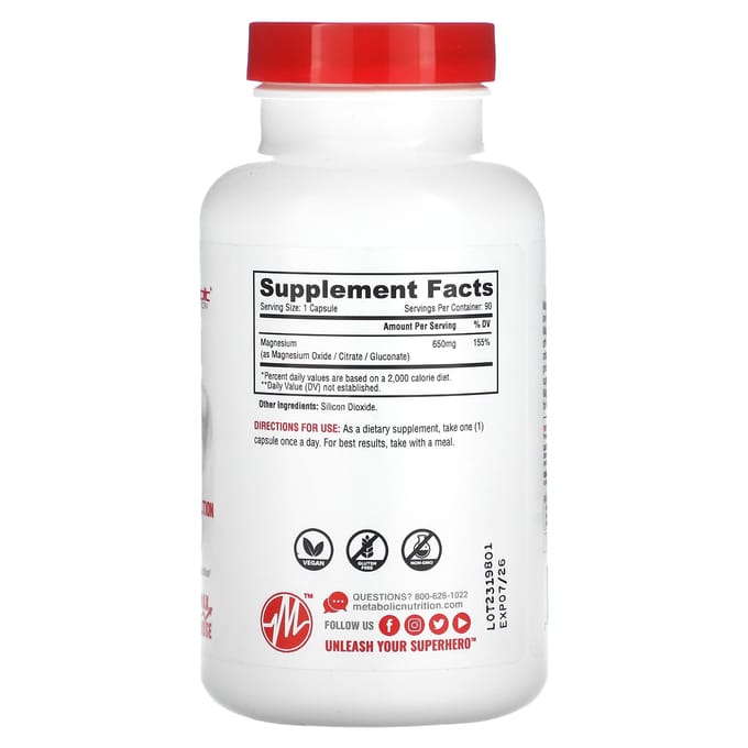 Metabolic Nutrition, Magnesium, Maximale Potentie Formule, 90 Capsules