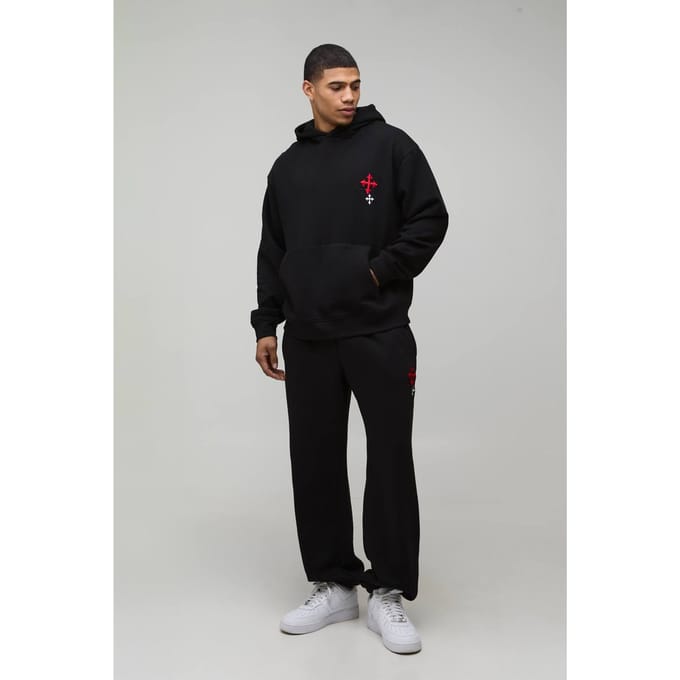 Oversized Geborduurde Kruis Hooded Trainingspak | Black | Size Medium