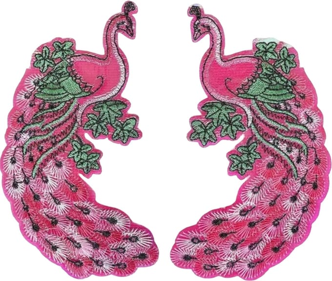 Patch - Strijkembleem - Pauwen - links en rechts - 15 x 8 cm - Roze