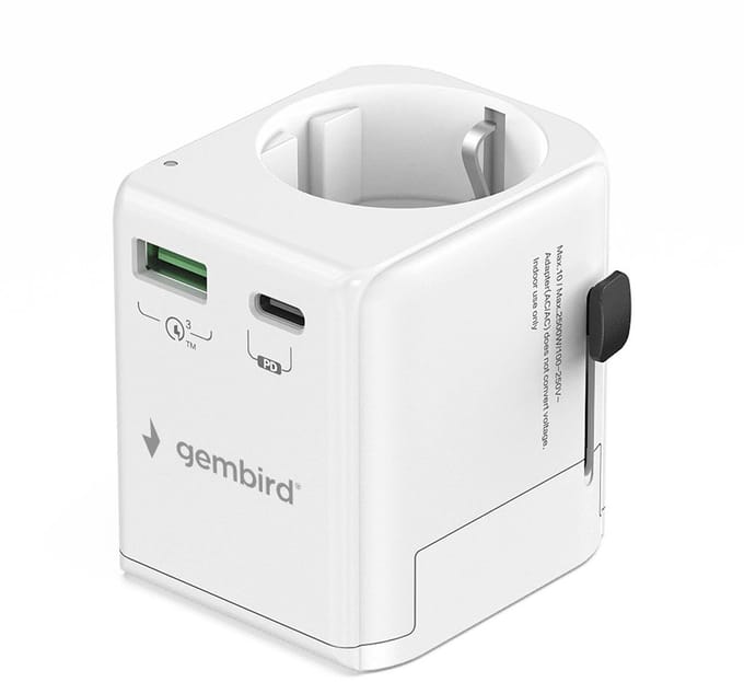 Gembird Universele Reisadapter - 20W - Geaard - Wit - Internationale Stroomvoorziening