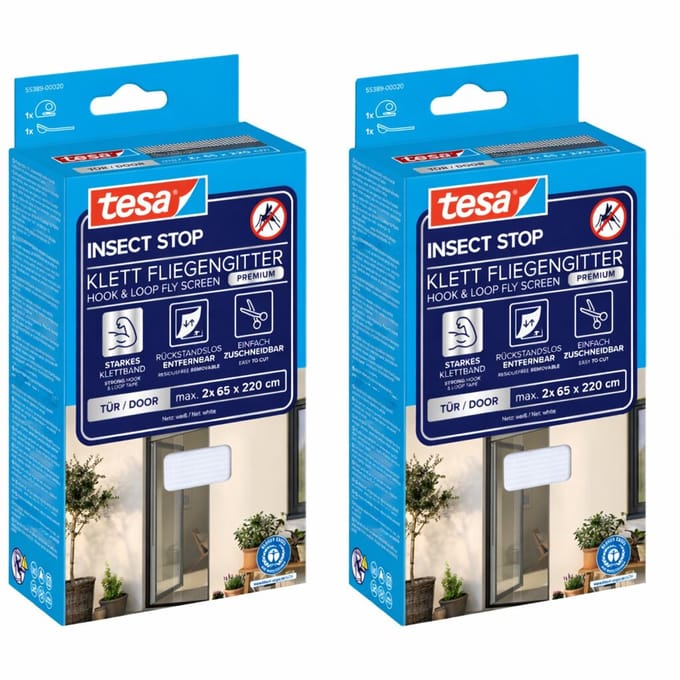 tesa INSECT STOP H&L Fly Screen Premium for Doors - hor voor deur met klittenband, verwijderbaar, wit - 2x 120 x 220 cm
