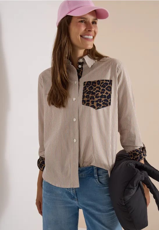 Overhemdblouse met strepen en een luipaardprint-borstzakje