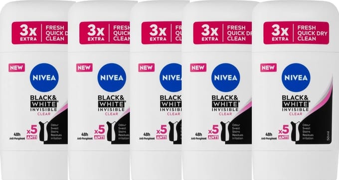 Nivea Deo Stick - Invisible For Black & White Clear - Voordeelverpakking 5 x 50 ml
