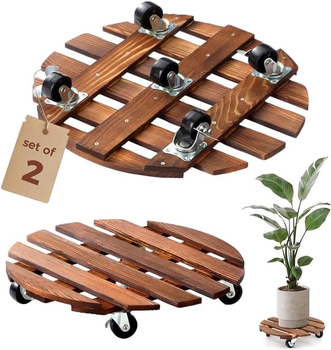 Set van 2 Houten Plantenrollers met Zwenkwielen voor Zware Potten