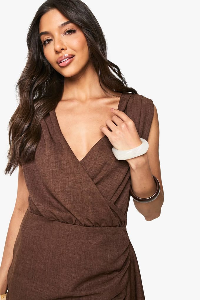 boohoo Dames Linnen Look Wrap Mini Jurk | Chocoladebruin | Maat: 38