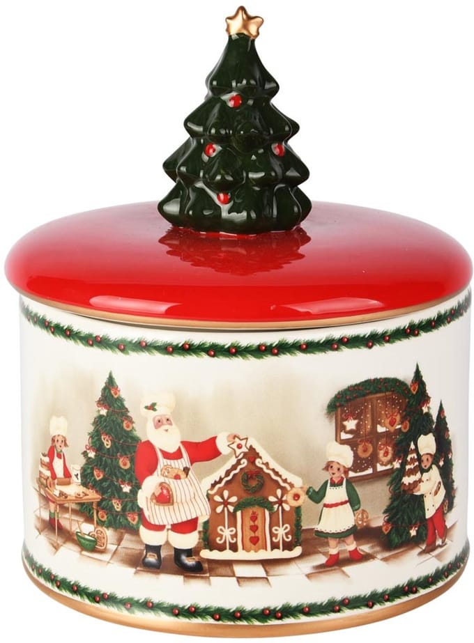 Dekoratief | Bewaarpot 'Santa's Bakery', rood/wit/groen, dolomiet, 16x16x19cm | A255827