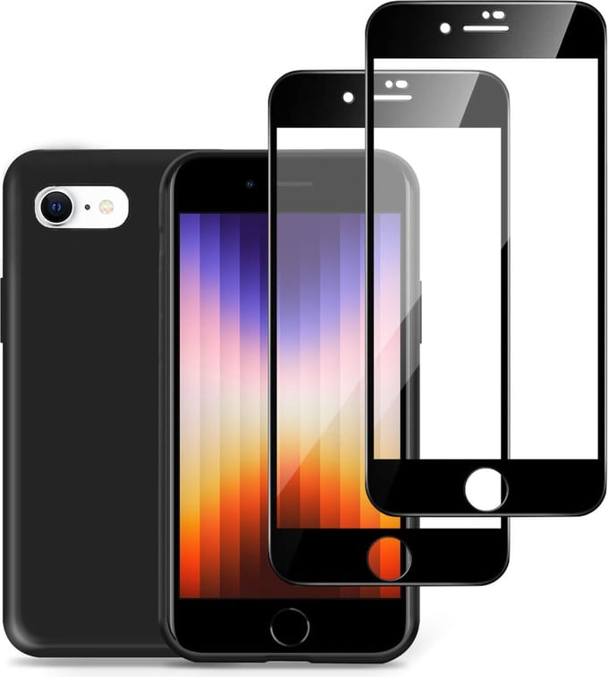 Hoesje geschikt voor iPhone SE 2022 + 2x Screenprotector – Full Screen Tempered Glass - Liquid Back Case Cover Zwart