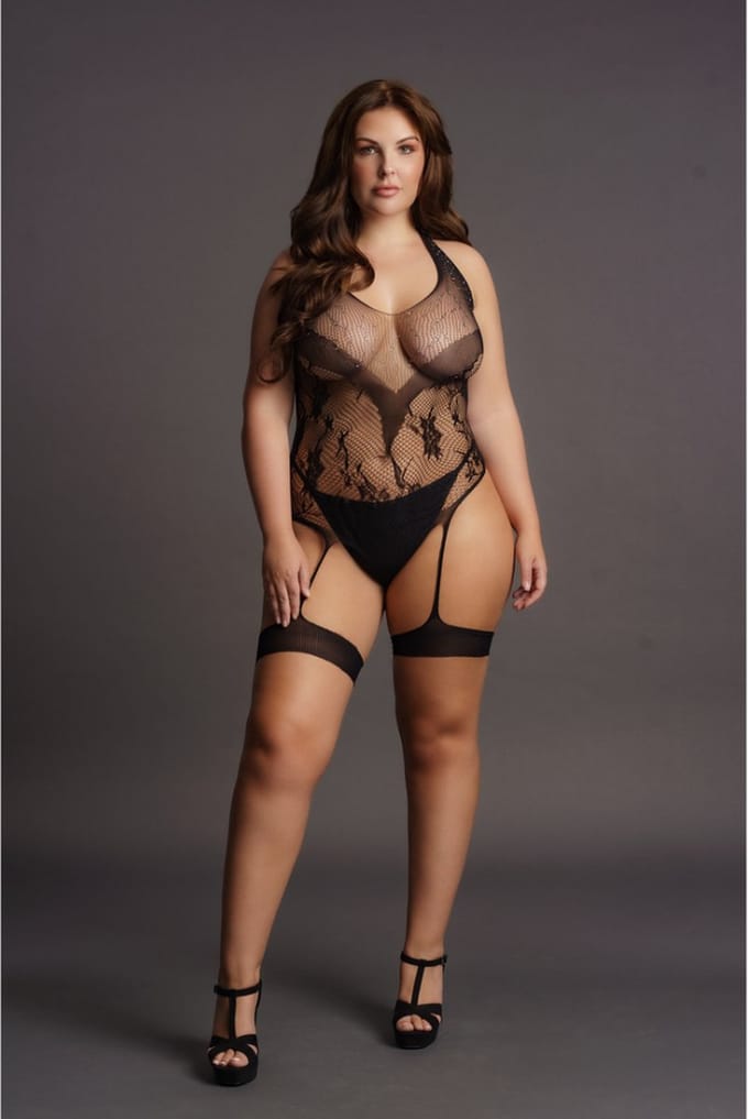 Kruisloze Rhinestone Halter Teddy - Plus Size