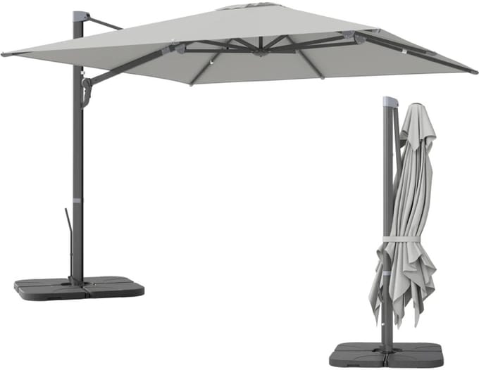 Zweefparasol met Voet - Ø 300 cm - Vierkant - Waterdicht - Kantelbaar - Verstelbare Hoogte - Grijs