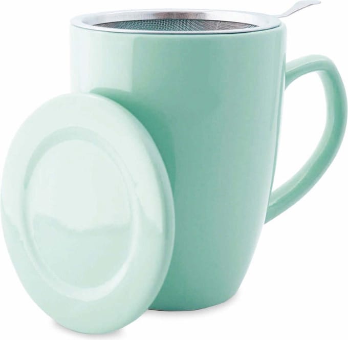 Theemok met Theefilter en Deksel - Keramiek - Inclusief RVS Theezeef - 350 ml - Turquoise