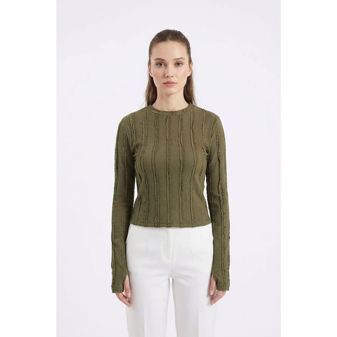 Geribbelde Crewneck Lange Mouw Blouse