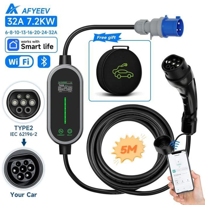 Draagbare EV-oplader, 7,2 kW Vermogen, Slimme Bediening via APP Wi-Fi, 5m type 2