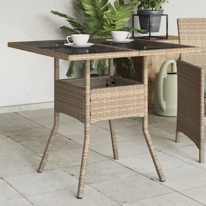 vidaXL - Tuintafel - met - glazen - blad - 80x80x75 - cm - poly - rattan - beige