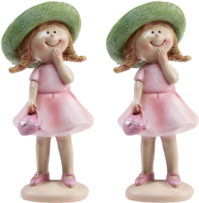 Decoratieve beeldjes van meisjes met hoedjes, roze en groen, 6,5 x 5,5