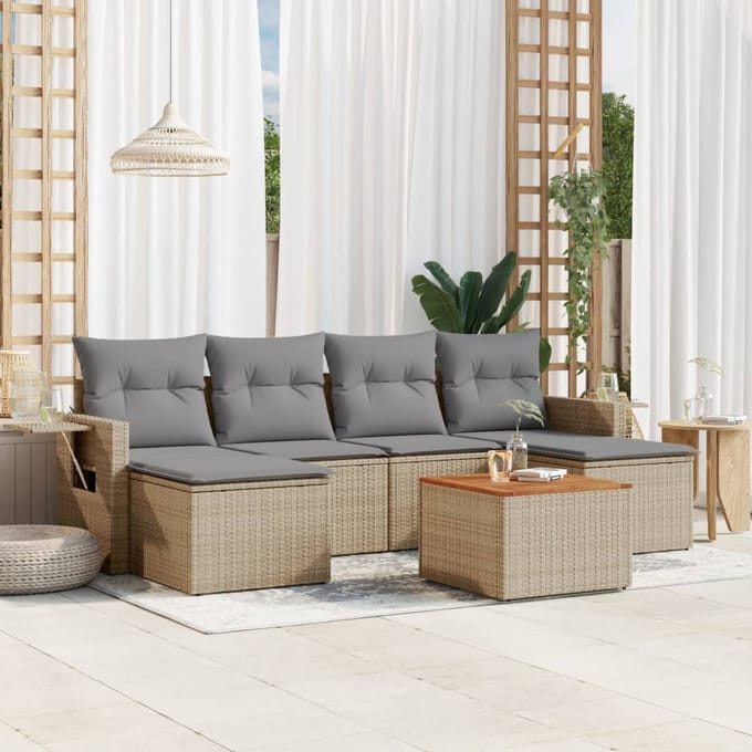 vidaXL - 7-delige - Loungeset - met - kussens - poly - rattan - beige