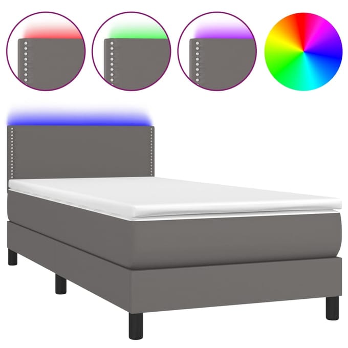 vidaXL - Boxspring - met - matras - en - LED - kunstleer - grijs - 100x200 - cm