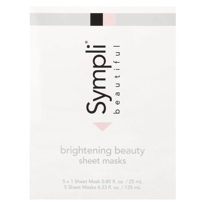 Sympli Beautiful, Brightening Beauty Sheet Mask, 5 sheet masks, 25ml (0.85oz) each white