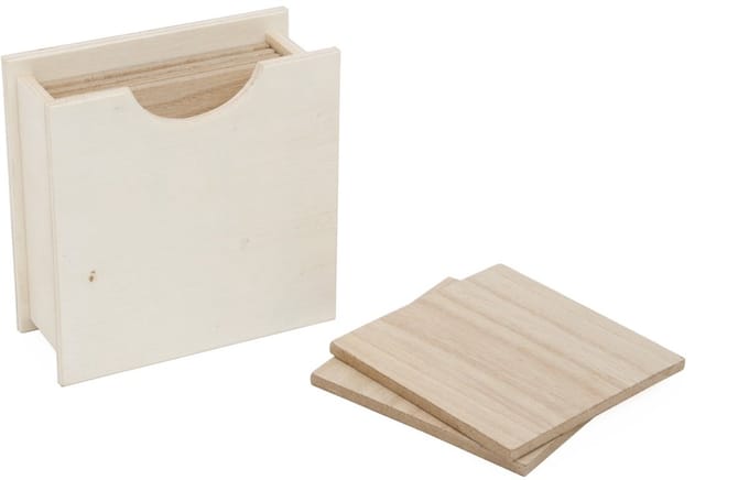 Hobbygroep houten onderzetters set creatief knutselen 11x11x4,5 cm 6 stuks.
