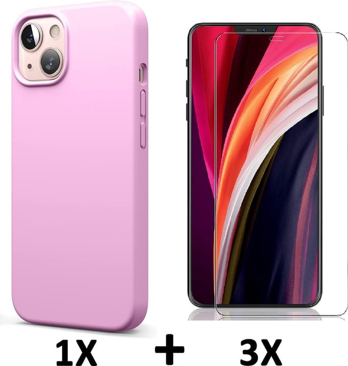 HB Hoesje Geschikt voor Apple iPhone 13 - Roze / 3X Glazen Screenprotector - Siliconen Back Cover