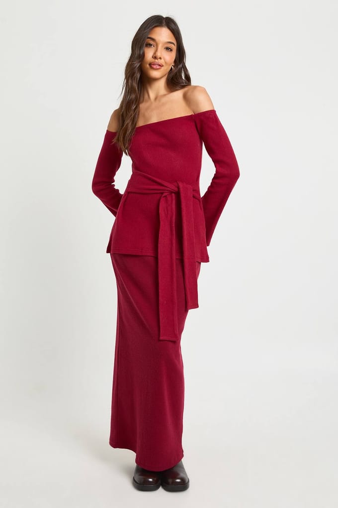 boohoo Dames Geborstelde rib maxirok | Wine | Maat: 6