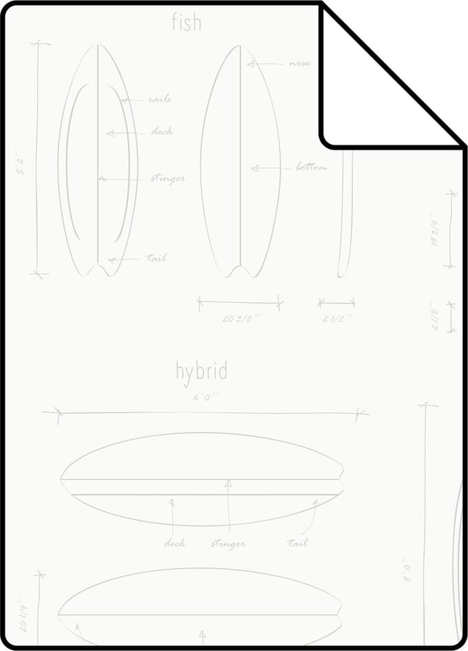 Proefstaal ESTAhome behang technische tekeningen van surfplanken wit en zilver - 26.5 x 21 cm - 128869-S