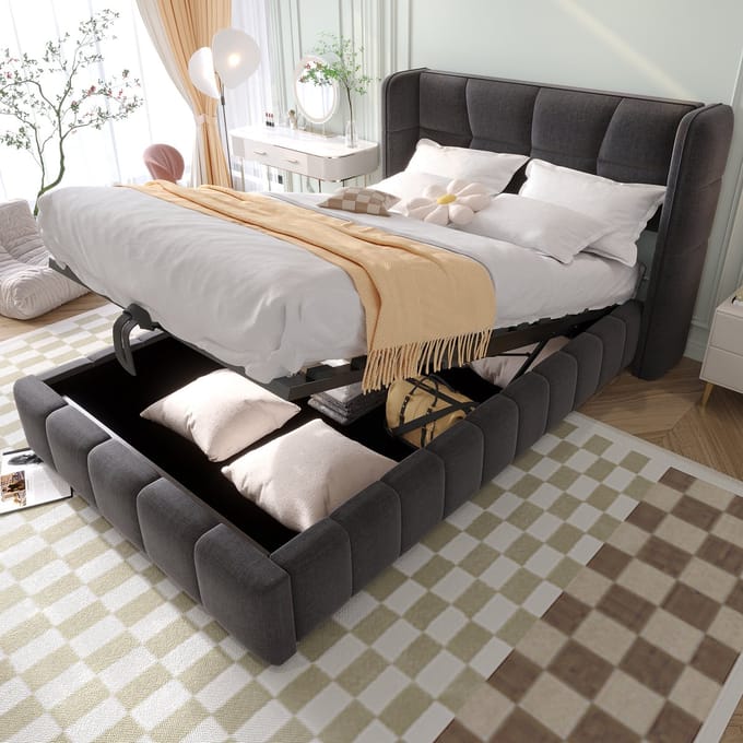 Kinderbed - 90x200 cm Gestoffeerd Bed Met Opbergruimte Hydraulisch Grijs