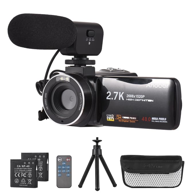 Andoer 2,7K digitale videocamera camcorder DV-recorder 48MP 16X digitale zoom 3,0 inch IPS Touch zwart