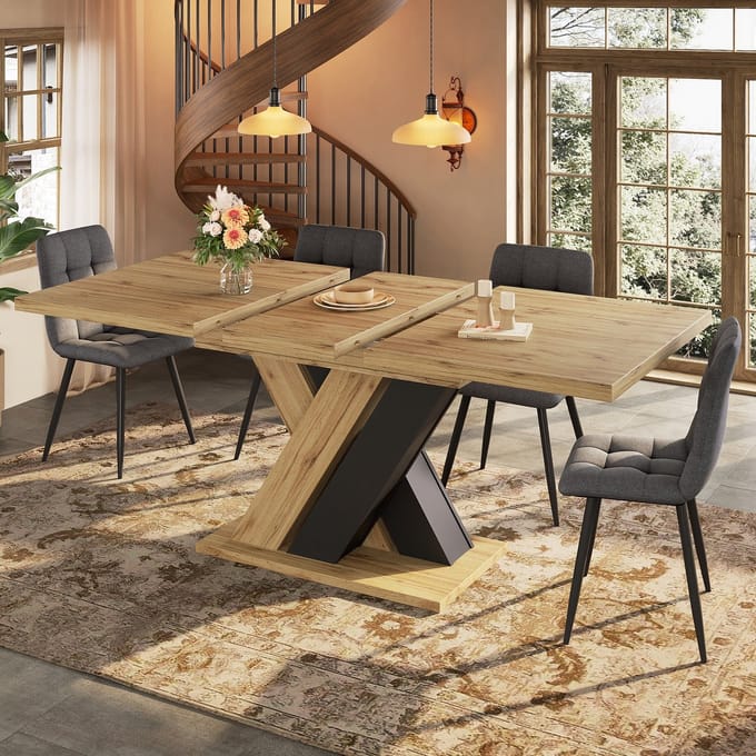 Sweiko Eettafel - Uitschuifbaar 159 cm - Houtafwerking - X-poot - Zwart + Natuurlijke