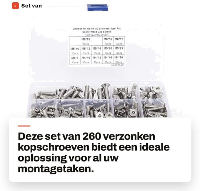 Dailygoods - Set van 260 Verzonken Kopschroeven in Roestvrij Staal