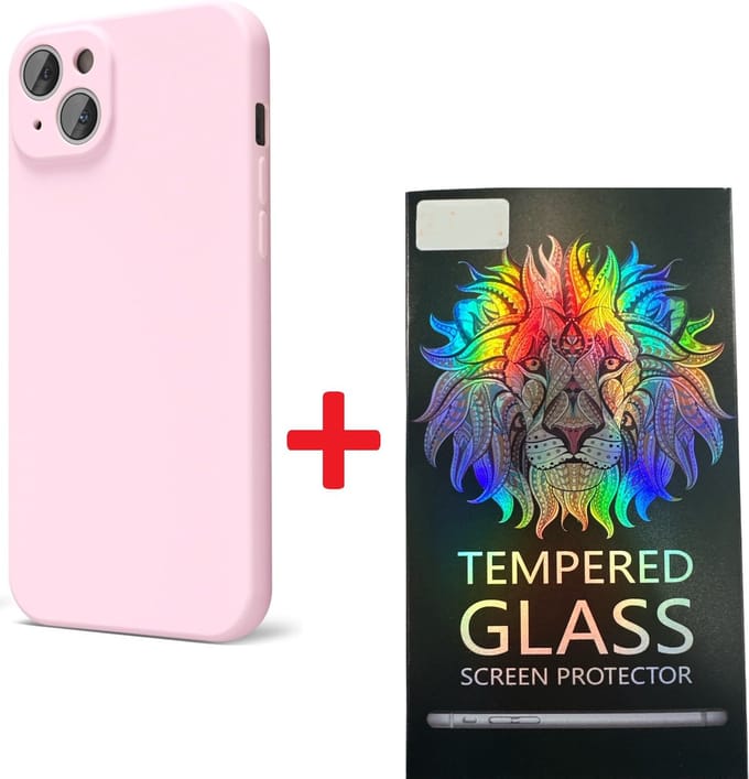 Solid hoesje Soft Touch Liquid Silicone + 1X Screenprotector Tempered Glass [Camera all-round bescherming] - Geschikt voor: iPhone 15 Plus - Lichtroze