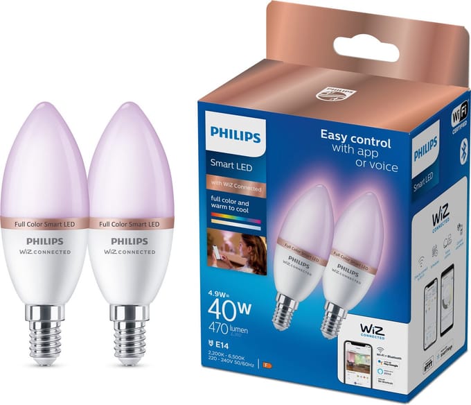Philips Smart Lighting - LED-kaarslamp - E14 fitting - RGB - Gekleurd en instelbaar wit licht - Dimbaar - 2 pack - 40W - Kaarslamp: C37 - Wifi