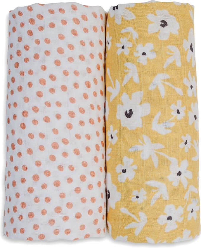 Lulujo - hydrofiele doek - swaddle - katoen - 100x100 cm - 2-pack - Yellow Wildflowers & Dots