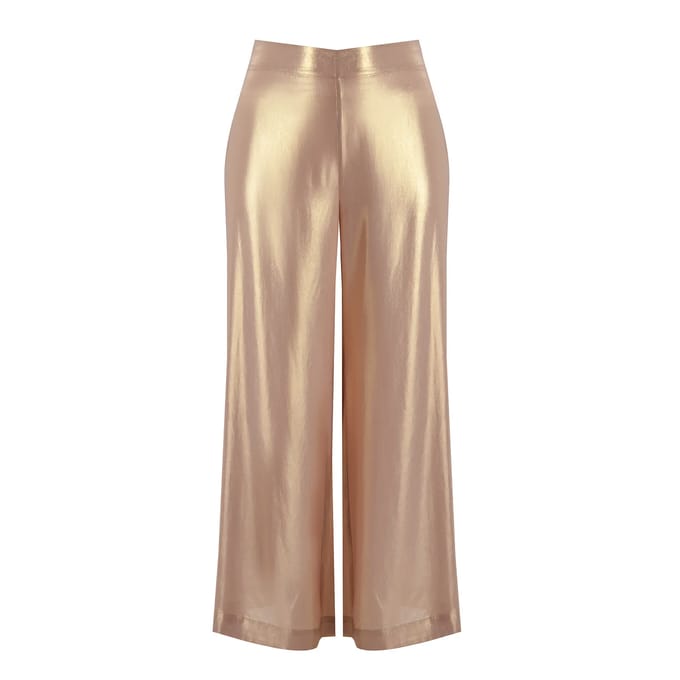 Gouden metallic wijde broek met elastische taille dames Mat Fashion