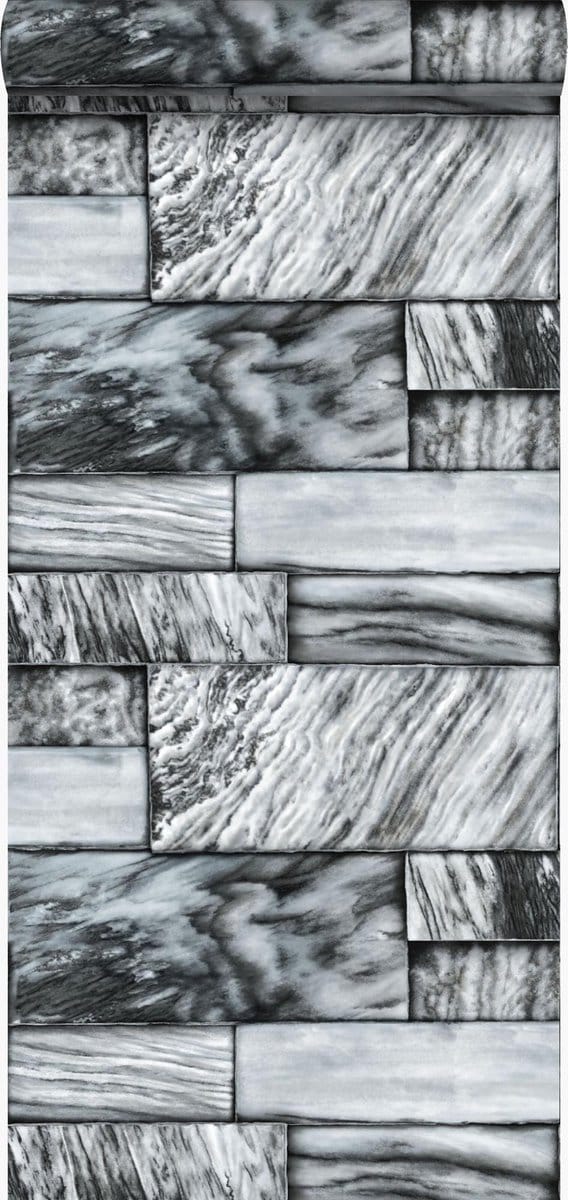 Origin Wallcoverings behang marmeren stenen zwart en wit - 337253 - 53 cm x 10,05 m