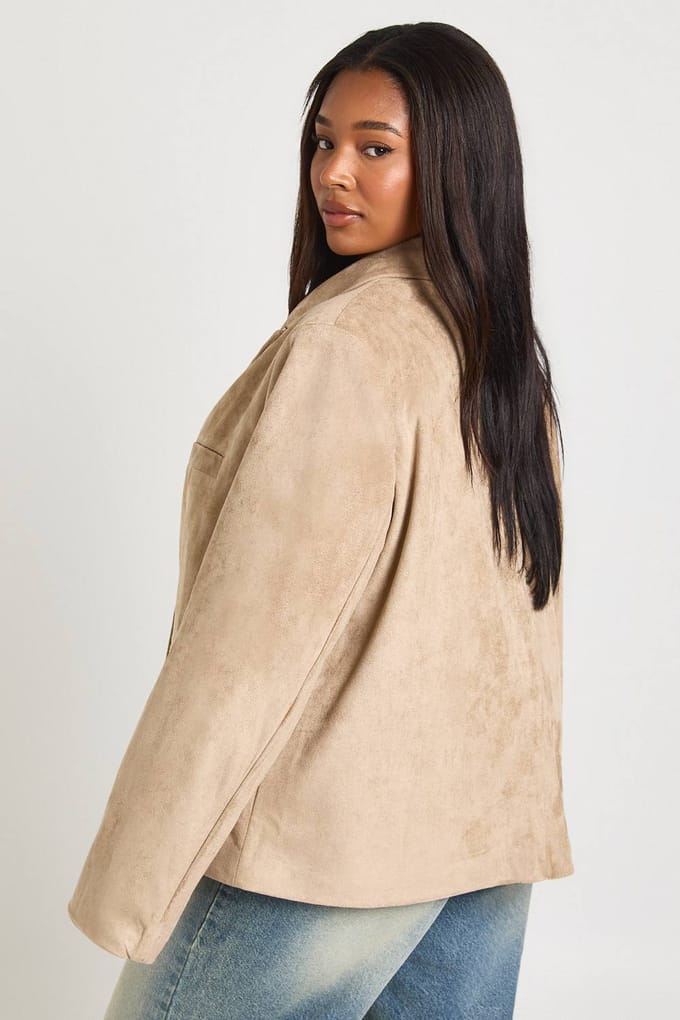 boohoo Dames Plus Suede Dubbele Rij Blazer | Steen | Maat: 46