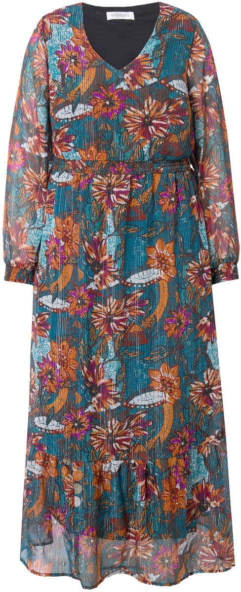 Studio Untold - Dames - Maxi-jurk A-lijn bloemenprint wikkellook - Petrol - Maat 42+