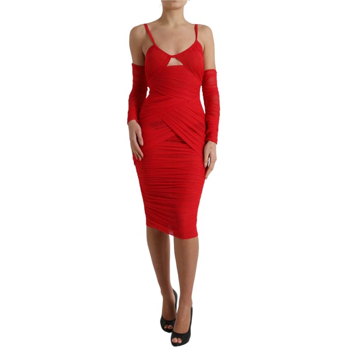 Gerepte Mesh Midi-jurk Rode Lange Mouwen Jurk