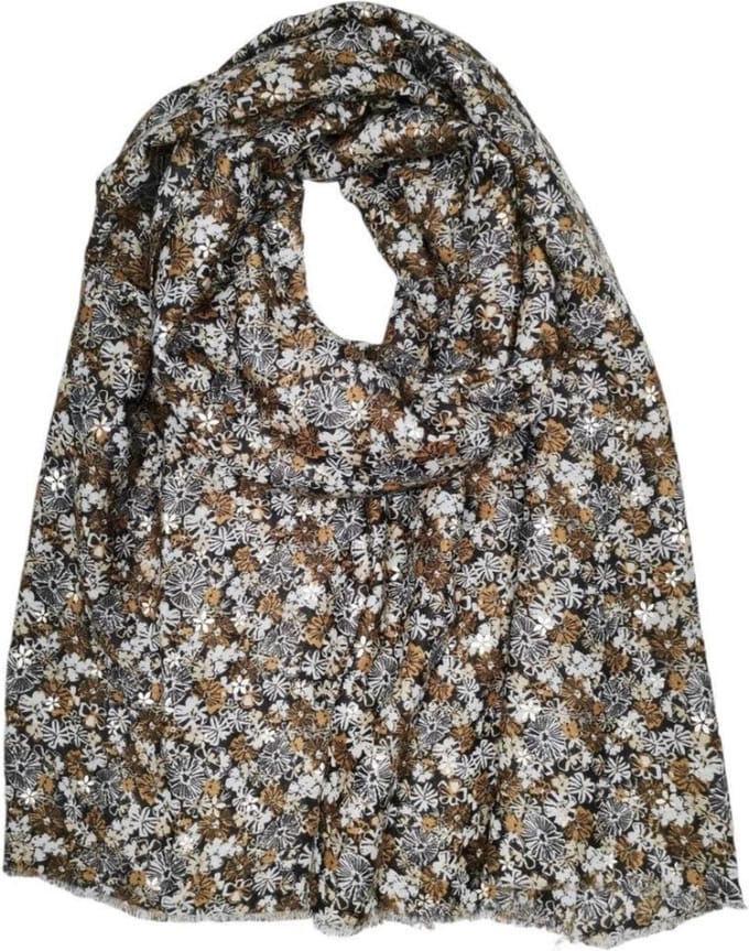 Lange dames sjaal Joanca gebloemd motief chocolade bruin wit beige goud donkerbruin
