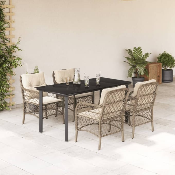 vidaXL - 5-delige - Tuinset - met - kussens - poly - rattan - beige