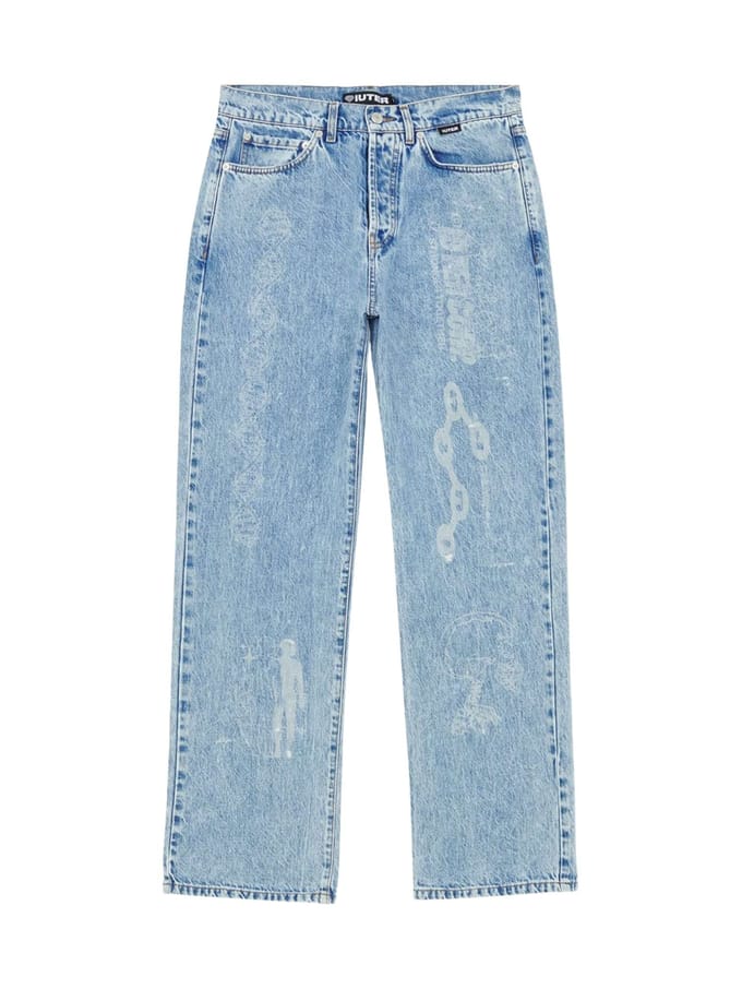 Iuter Ontdekking Losse denim broek jeans rechte been met laser graphics - medium blauw