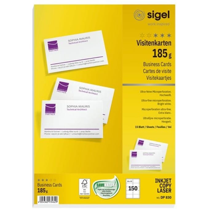 Visitenkarte Sigel 85x55mm blanko 185gr weiß 150 Stück