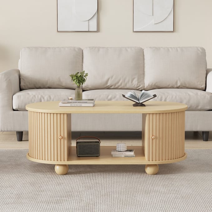 Salontafel - Ovaal - Met Opbergruimte En Schuifdeuren - MDF - Houtkleur
