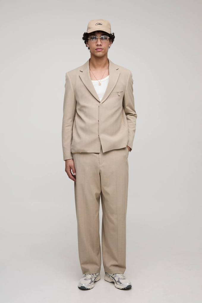 Oversized Boxy Herringbone Suit Blazer | Stone | Size Medium